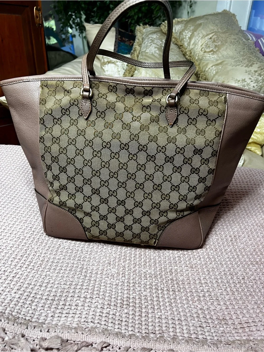 Gucci Bree GG Canvas Leather Tote Bag Pink/Taupe Authentic Made in Italy 323671
